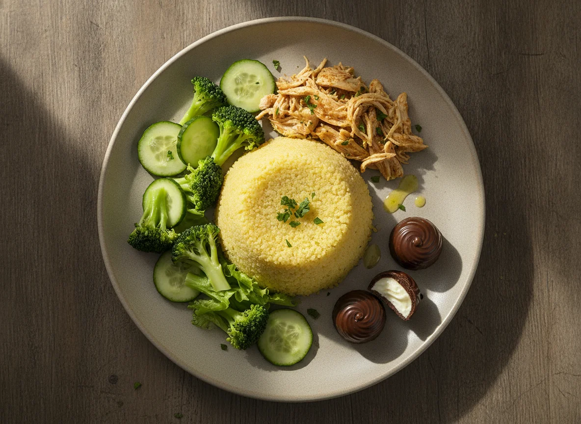 Cuscuz com frango, salada e bombom photo