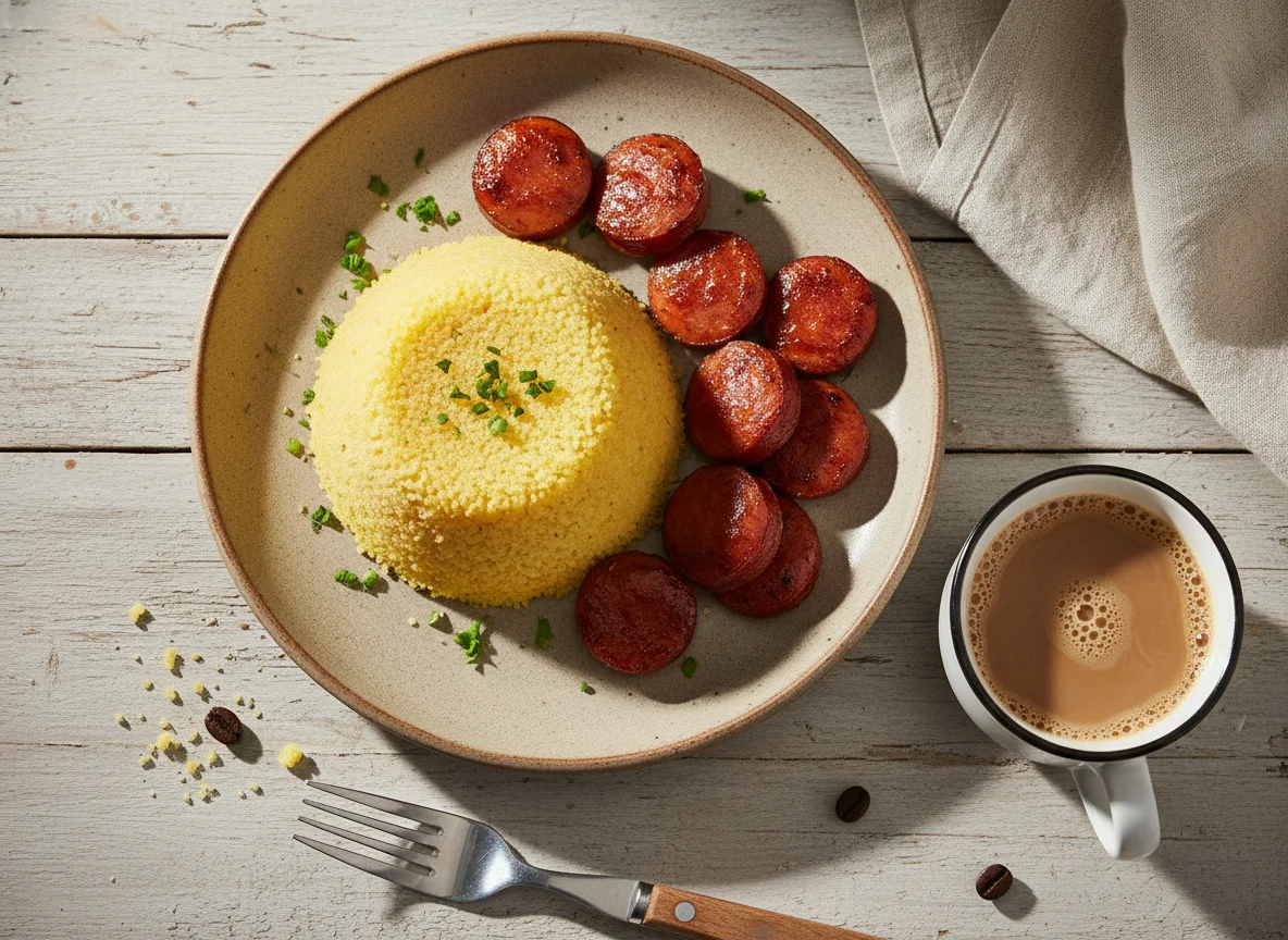 Cuscuz com linguiça e café com leite photo