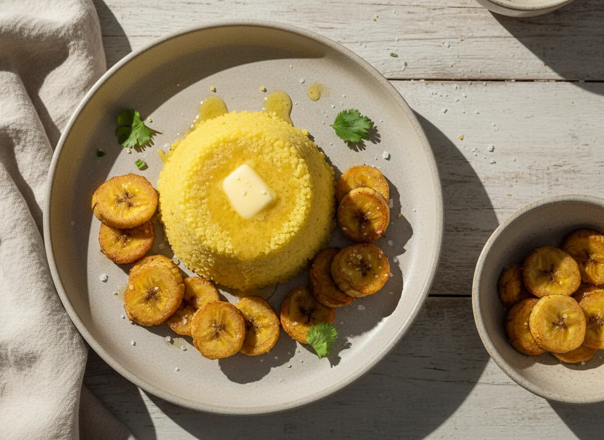 Cuscuz com Manteiga e Banana da Terra Frita photo