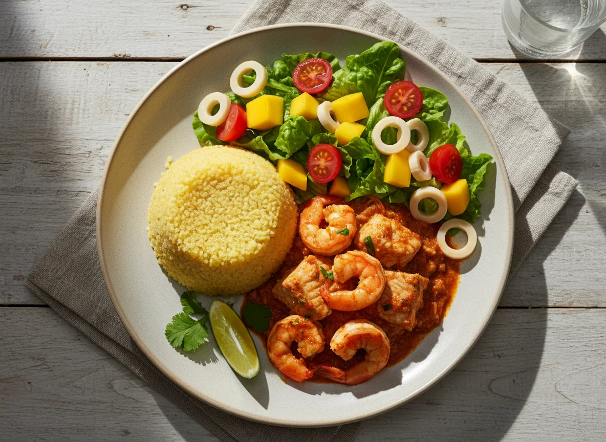 Cuscuz com Moqueca de Camarão e Salada Tropical photo