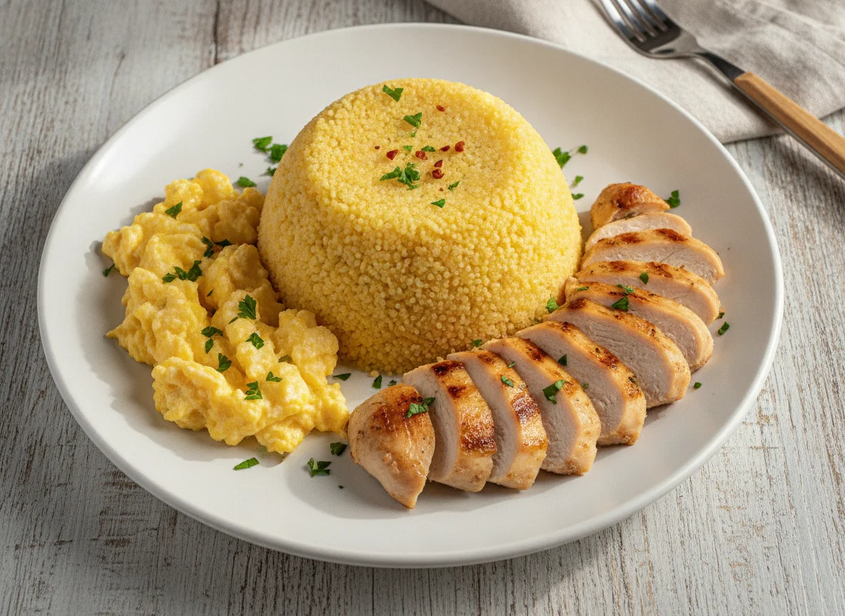Cuscuz com ovo e frango photo