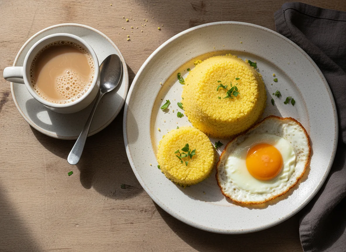 Cuscuz com ovo frito e café com leite photo