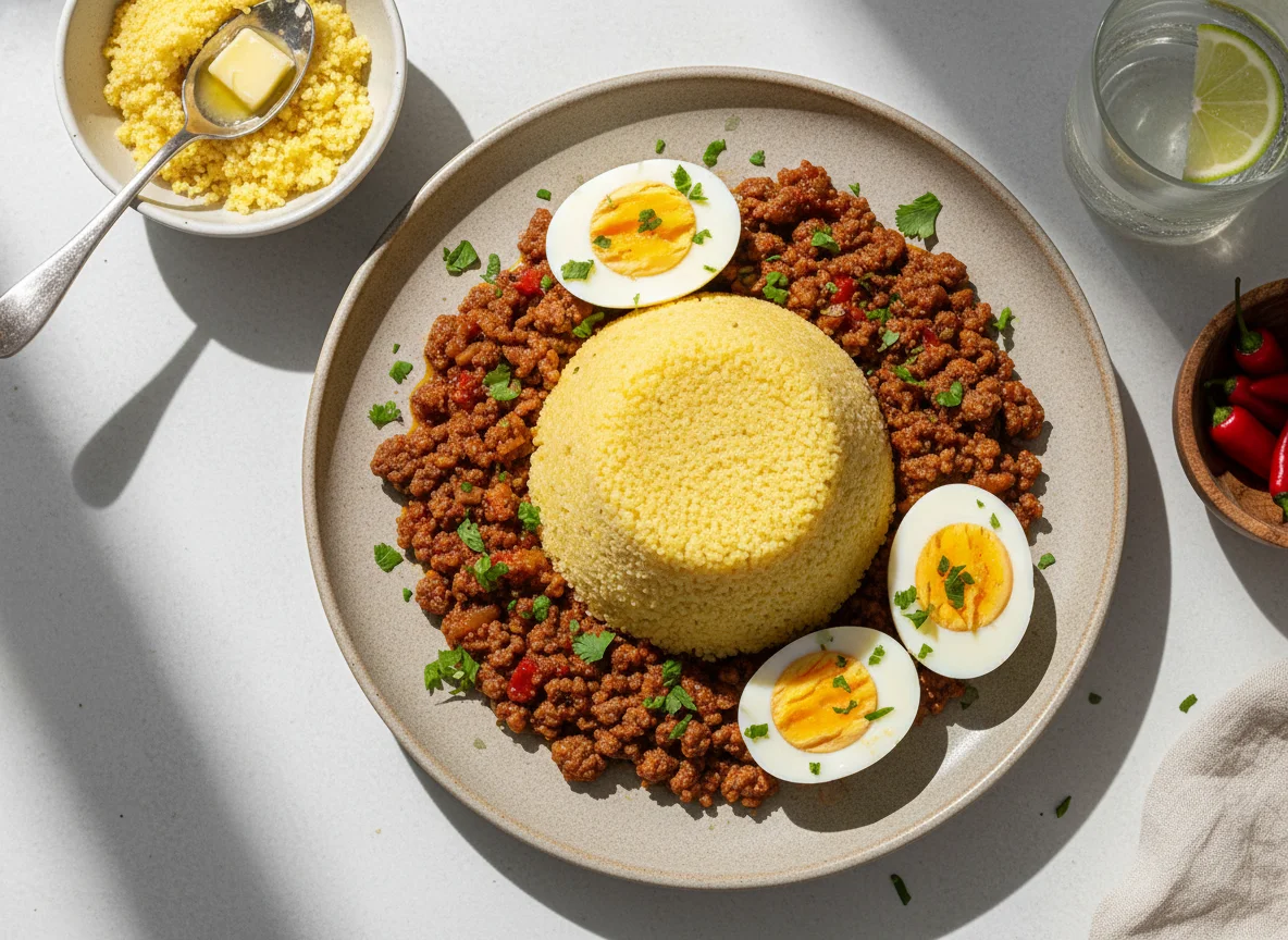 Cuscuz com ovos e carne moída photo