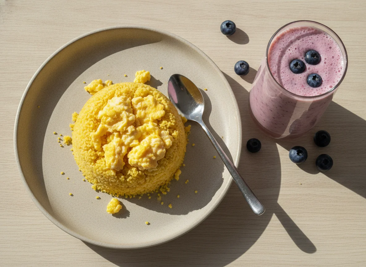 Cuscuz com ovos e vitamina de morango e blueberry photo