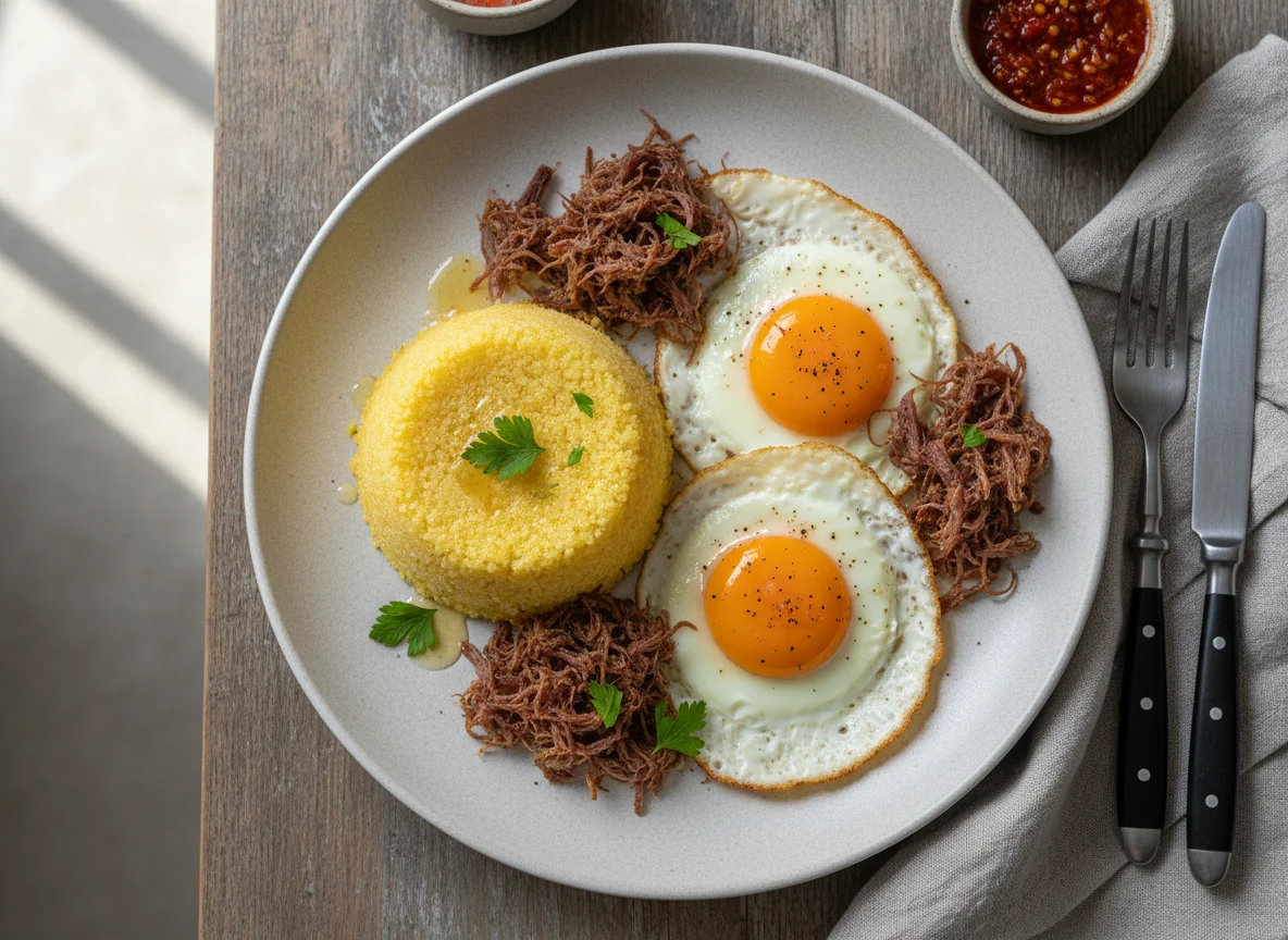 Cuscuz com ovos fritos e carne seca desfiada photo