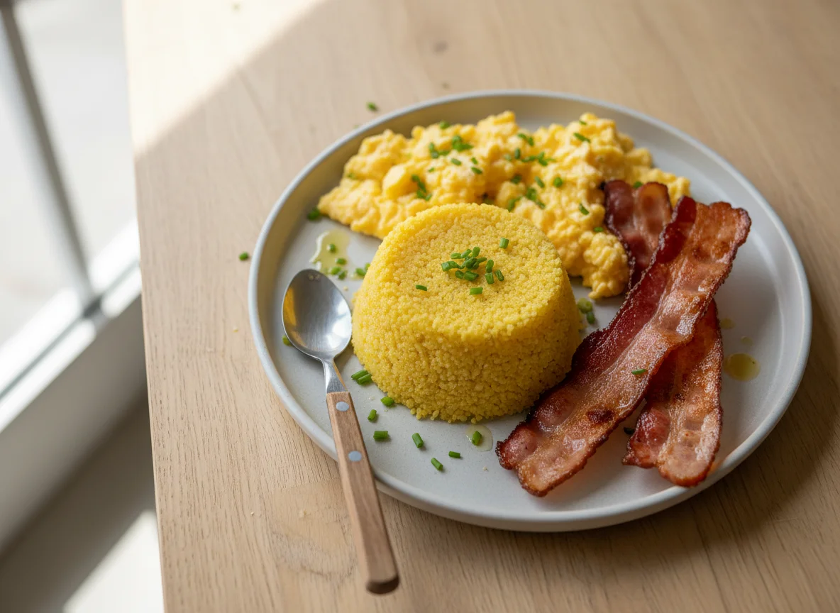 Cuscuz com ovos mexidos e bacon photo