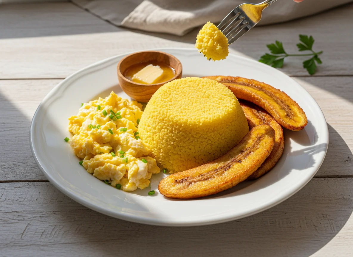 Cuscuz com ovos mexidos e banana frita photo