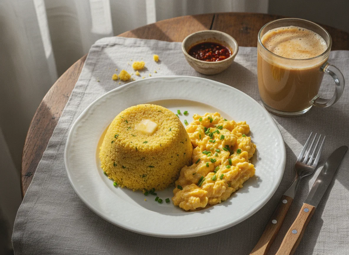 Cuscuz com Ovos Mexidos e Café com Leite photo