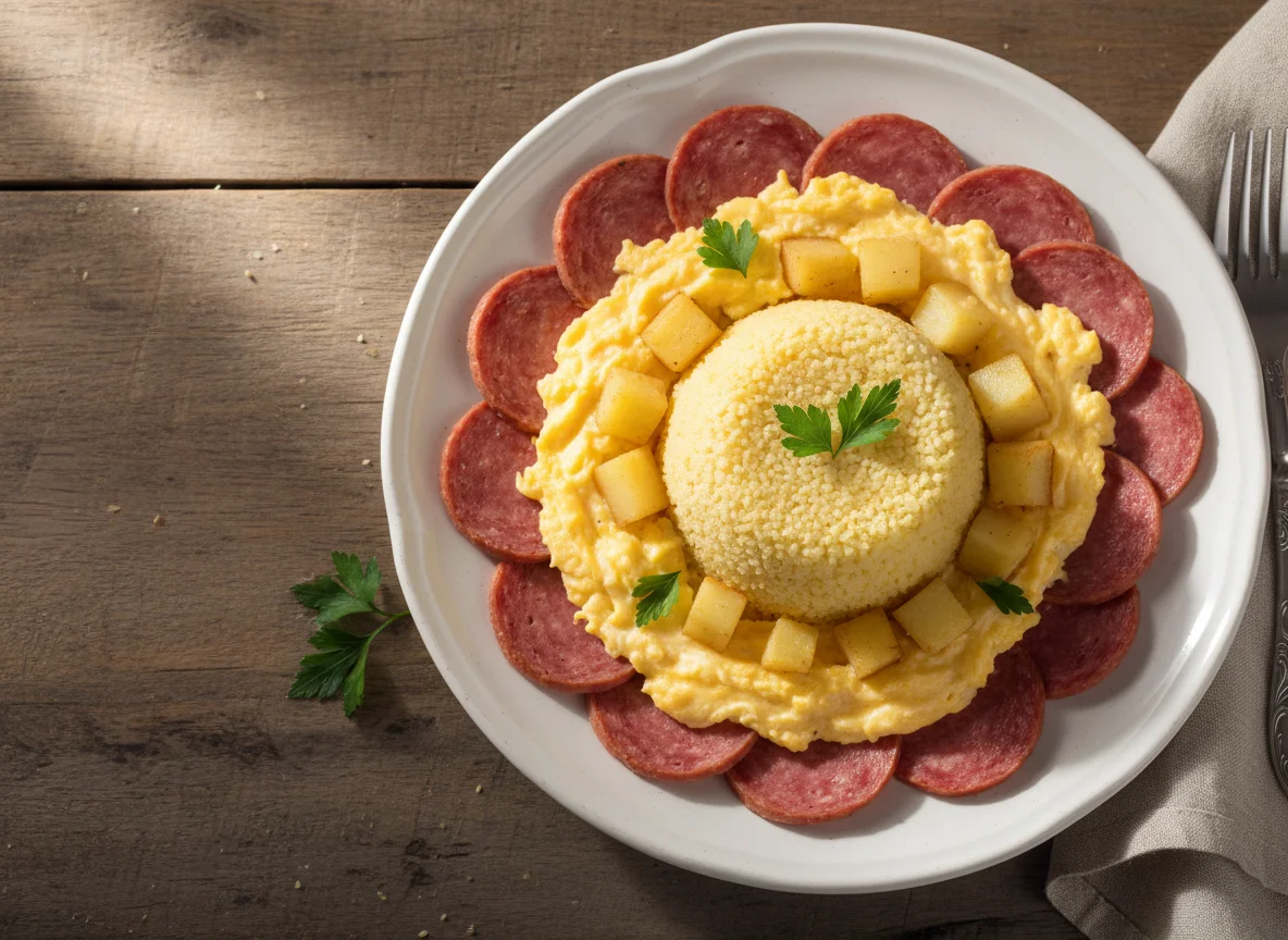 Cuscuz com ovos mexidos e carne processada photo