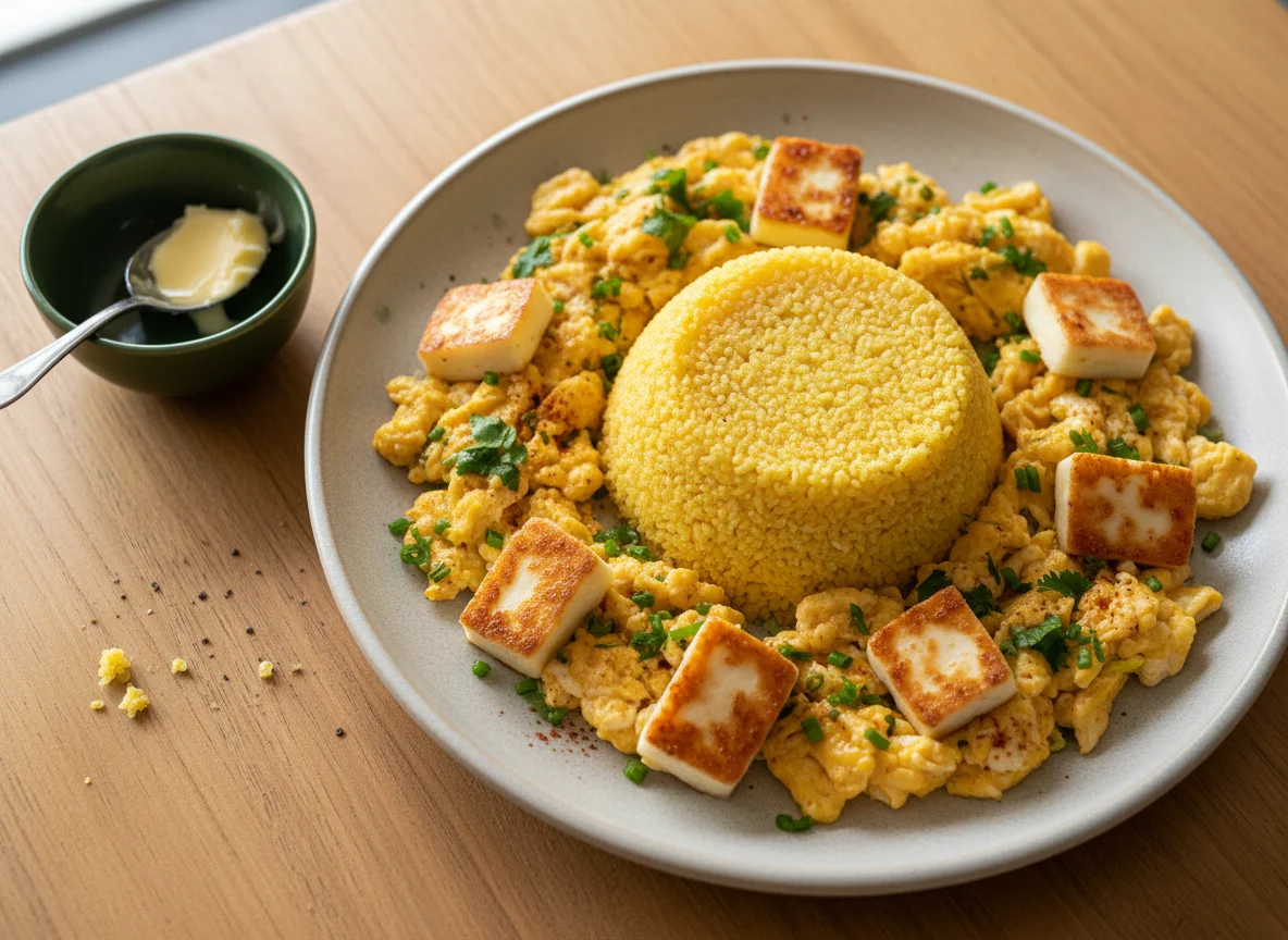 Cuscuz com ovos mexidos e queijo photo