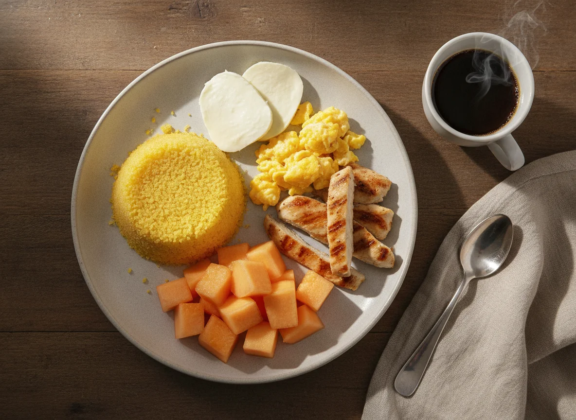 Cuscuz com ovos, queijo, frango, melão e café photo