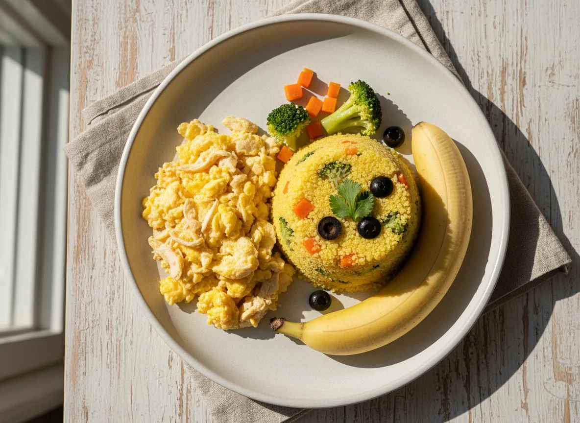 Cuscuz com vegetais, ovos mexidos com frango e banana photo