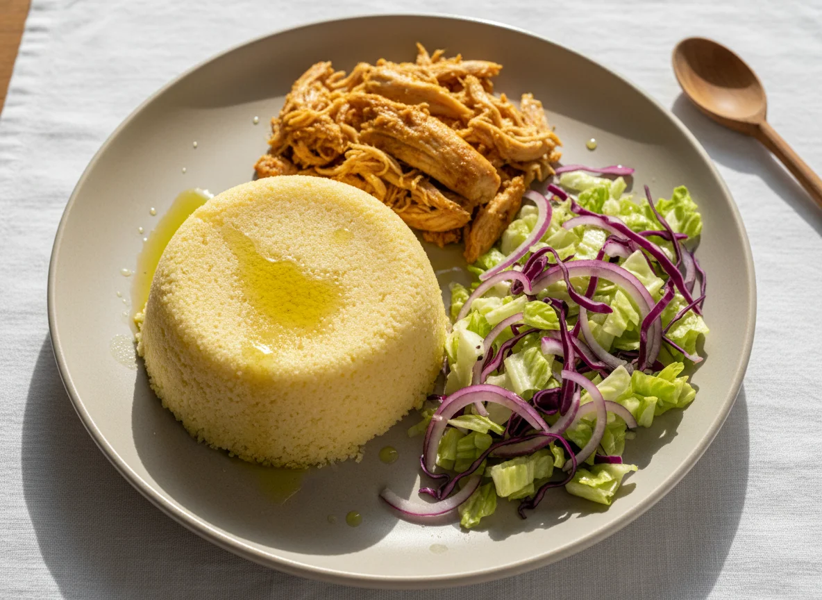 Cuscuz de milho com frango desfiado e salada de repolho photo