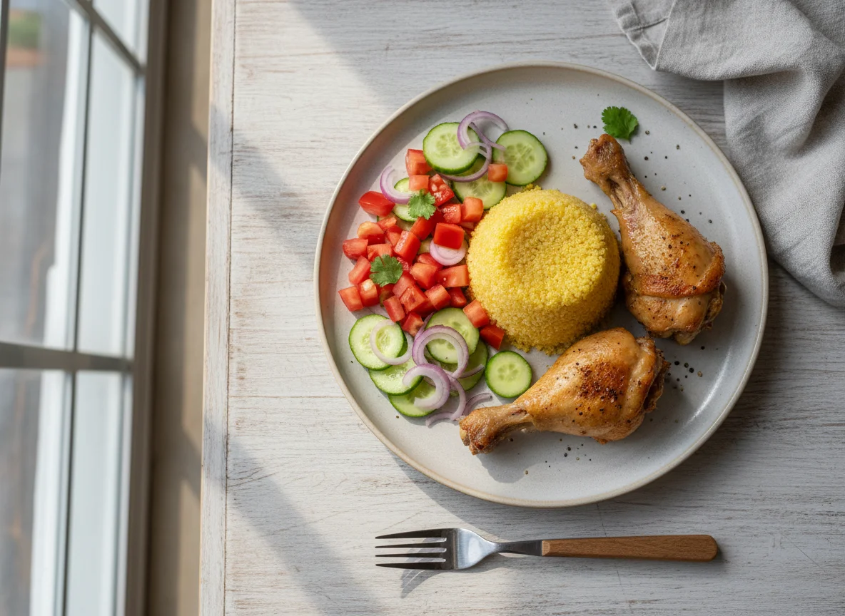 Cuscuz de milho com frango e salada photo