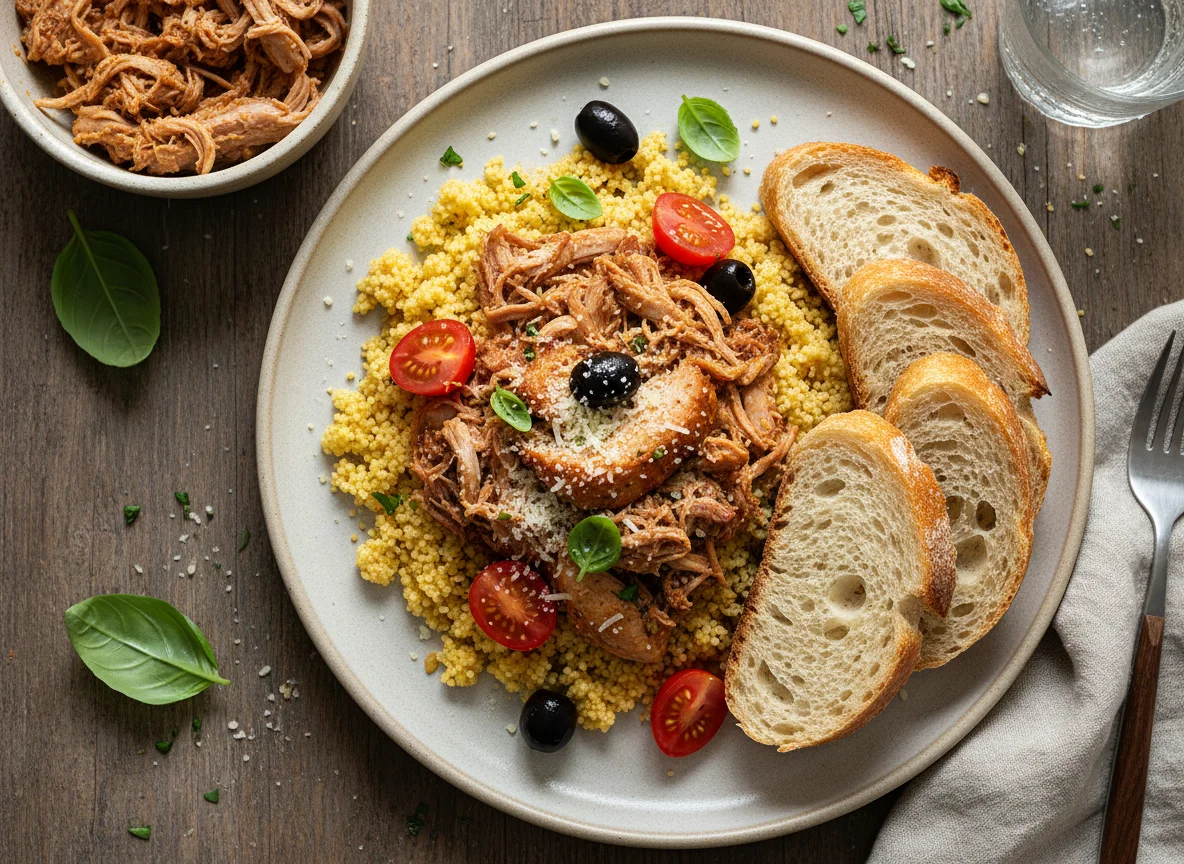 Cuscuz marroquino com carne desfiada e pão photo