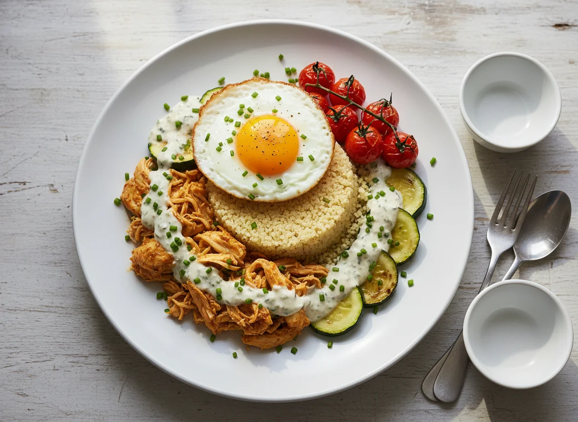 Cuscuz marroquino com frango, ovo e legumes photo