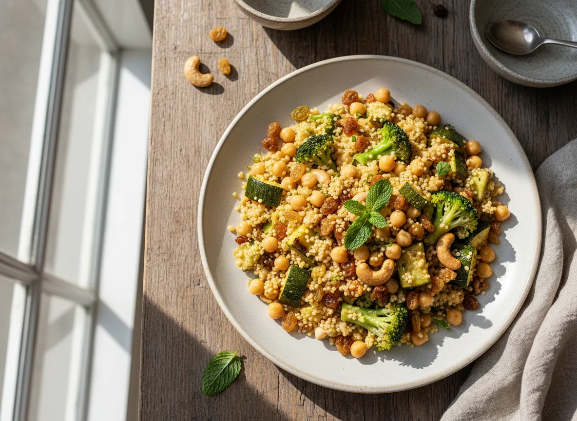 Cuscuz marroquino com legumes e frutas secas photo