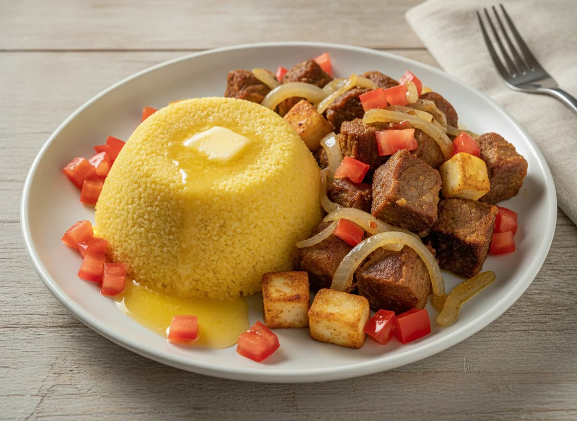 Cuscuz nordestino com carne de sol acebolada e tomate photo