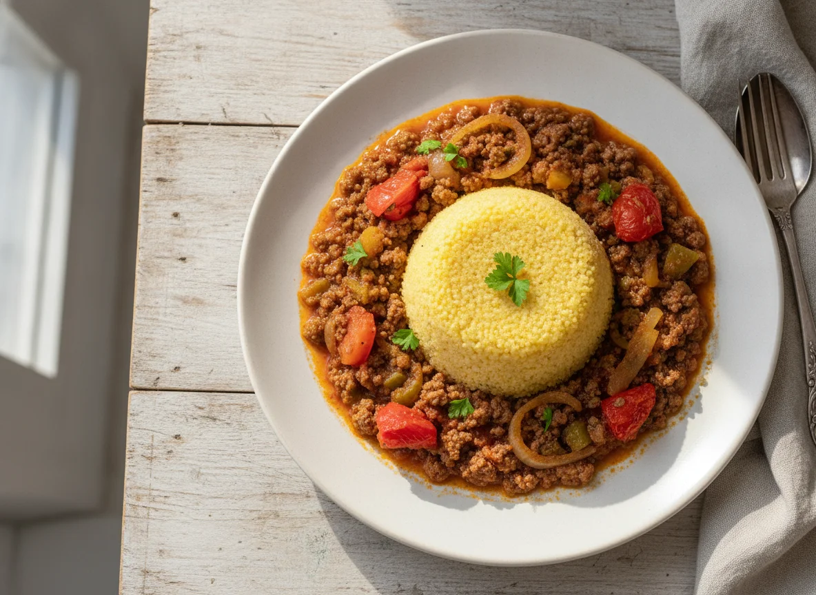 Cuscuz nordestino com carne moída e legumes photo