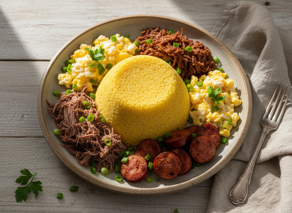 Cuscuz Nordestino com Carne Seca, Linguiça e Ovo photo