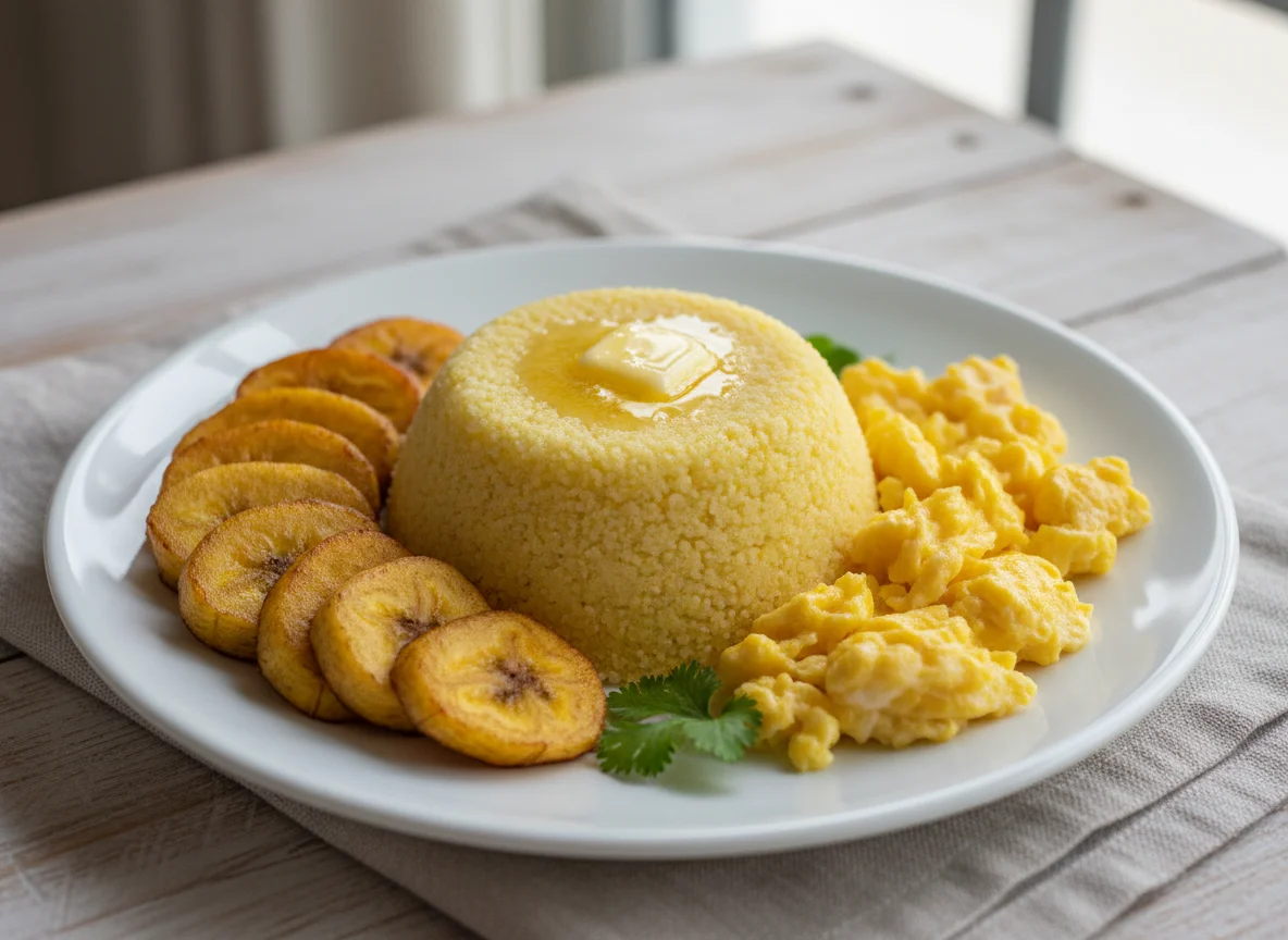Cuscuz nordestino com ovo e banana da terra frita photo