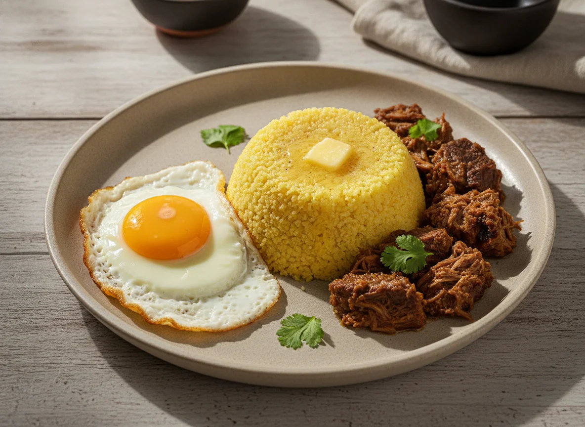 Cuscuz nordestino com ovo e carne photo