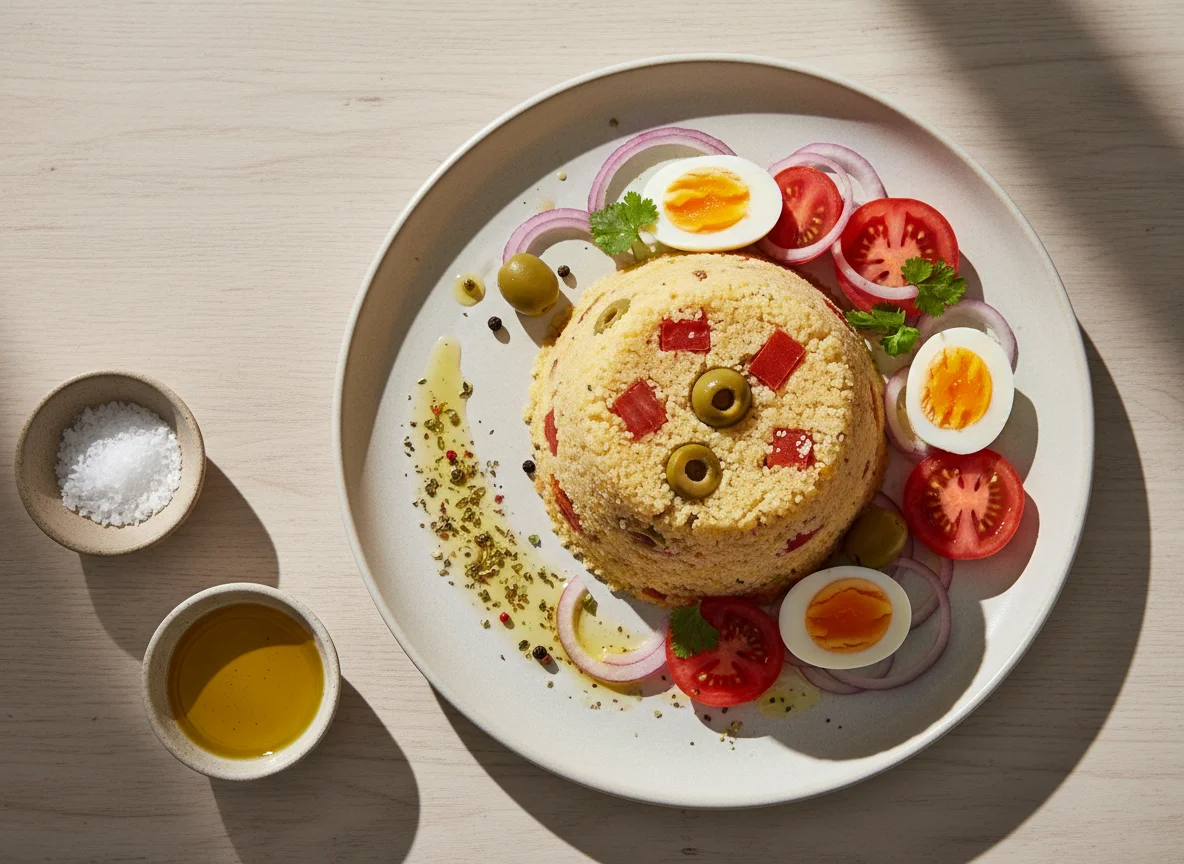 Cuscuz Paulista com Salada de Tomate e Ovo Cozido photo
