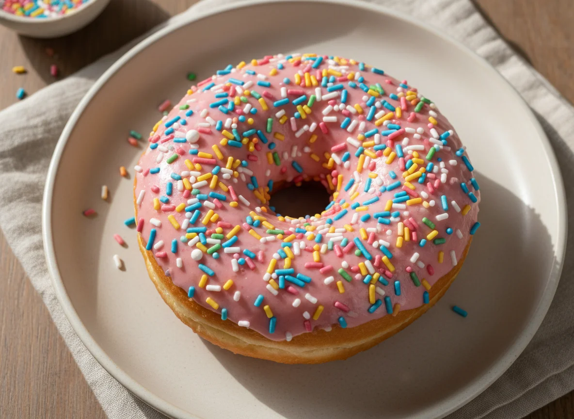 Donut com cobertura rosa e granulado photo