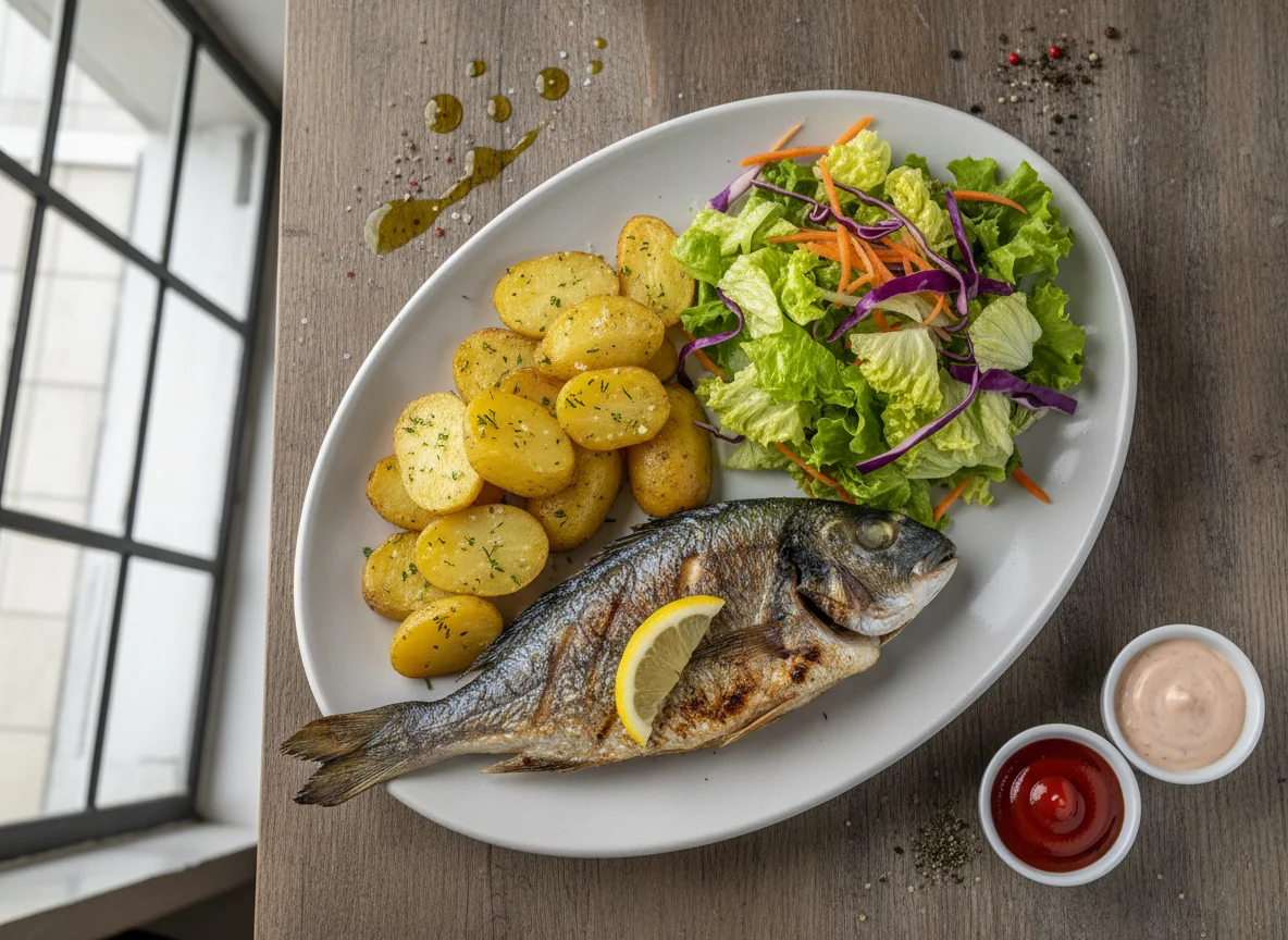 Dourada grelhada com batatas assadas e salada photo