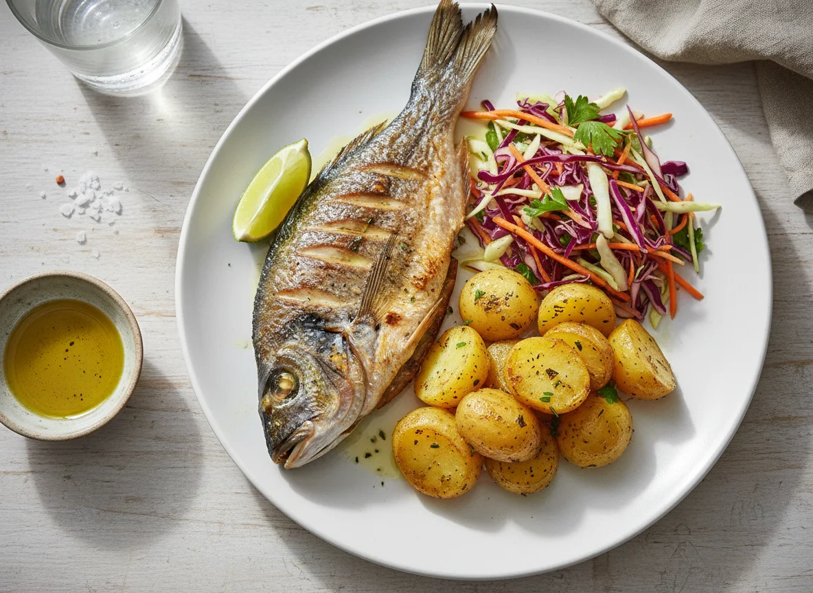 Dourada grelhada com batatas assadas e salada de legumes photo