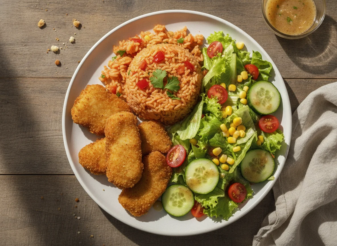 Douradinhos de peixe com arroz de tomate e salada mista photo