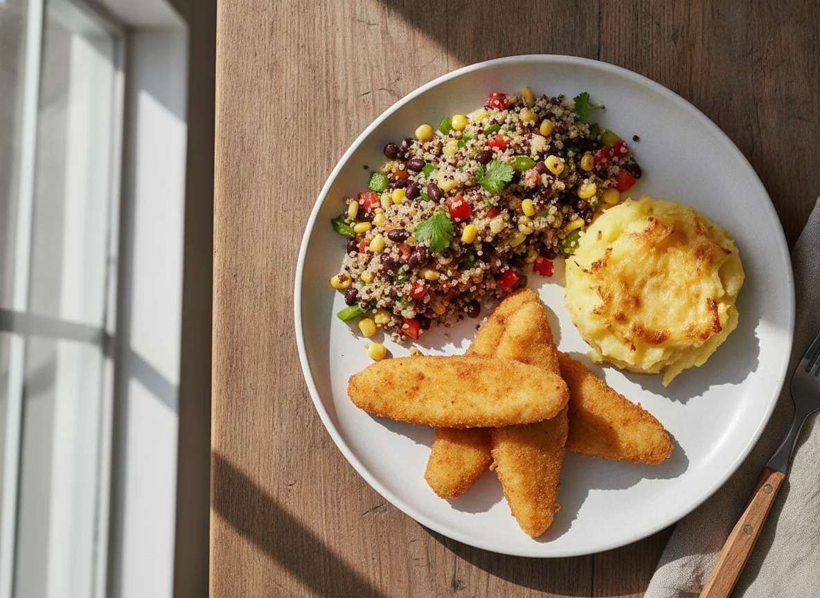 Douradinhos de peixe com salada de quinoa e feijão photo