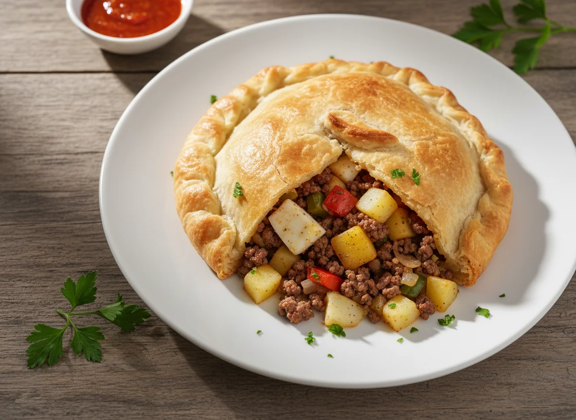 Empanada assada de carne, ovo, batata photo