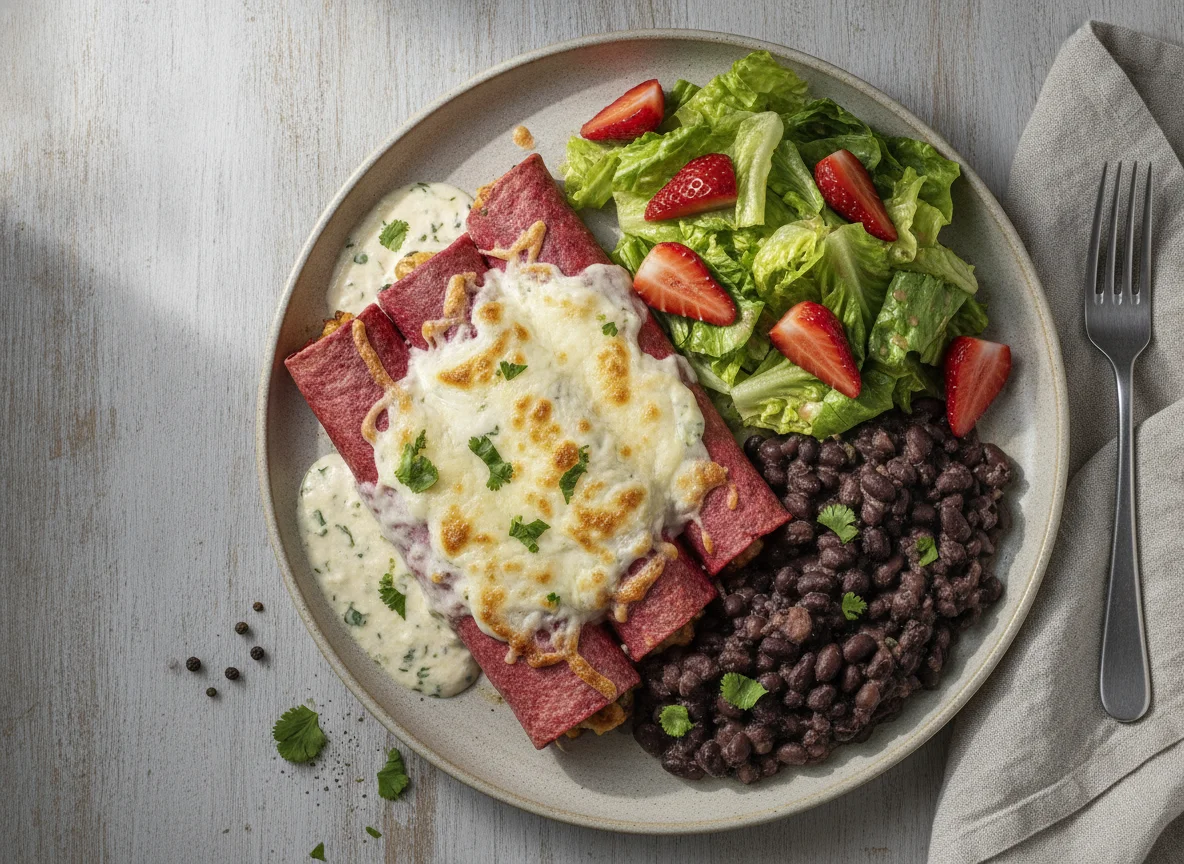 Enchiladas de beterraba com feijão preto e salada photo