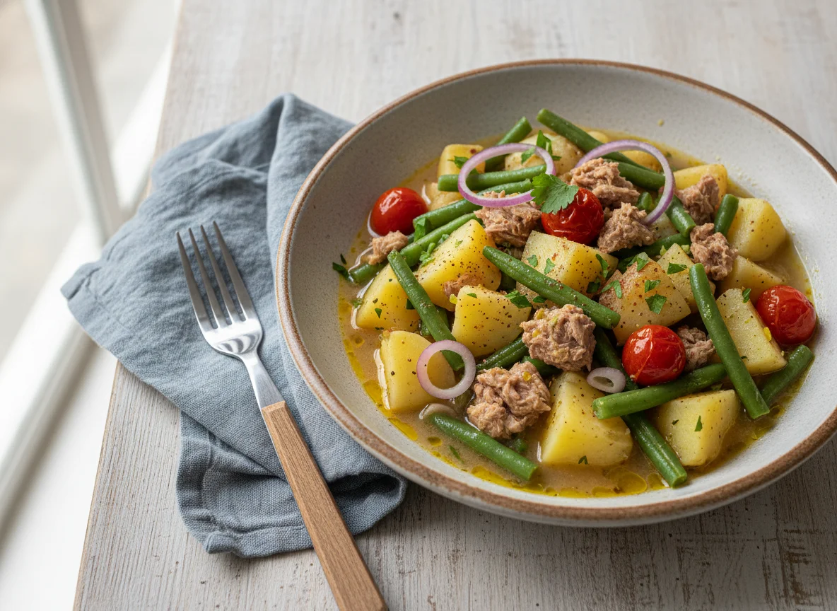 Ensopado de batata, vagem e atum photo