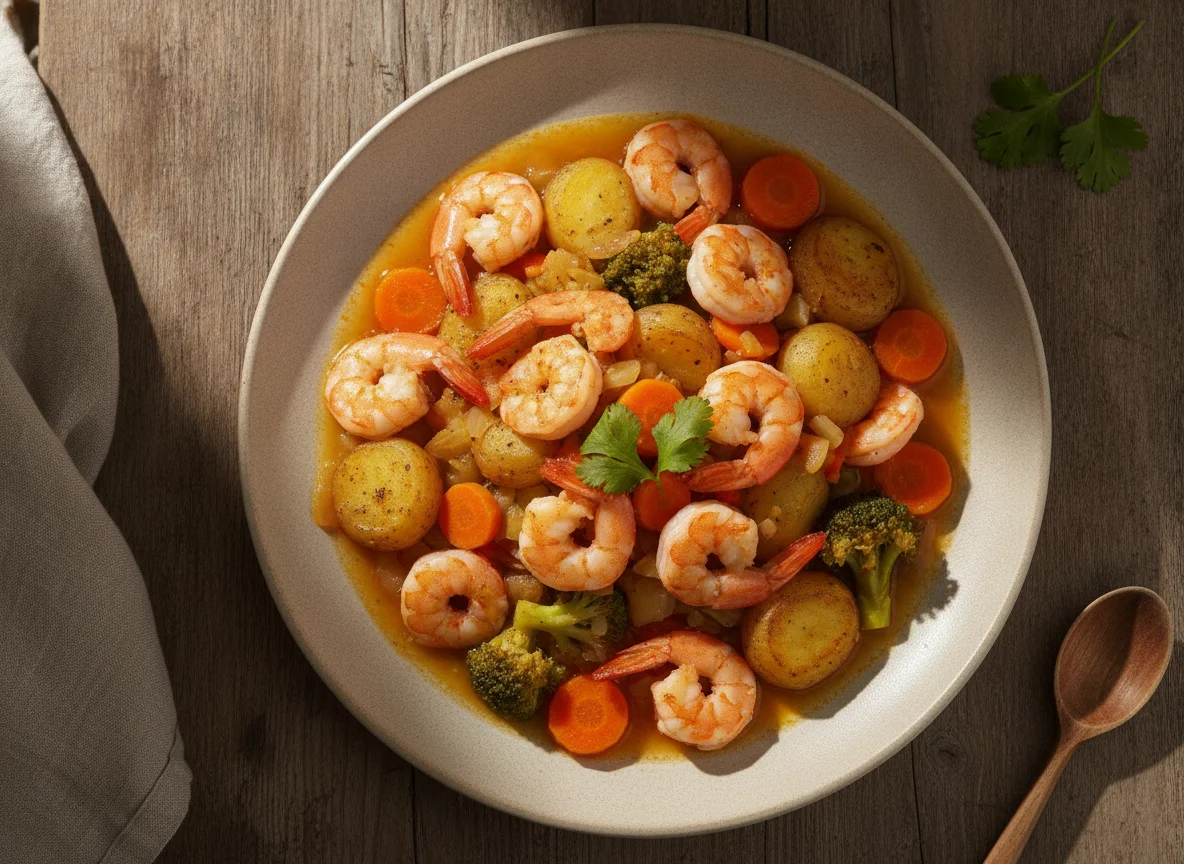 Ensopado de camarão com legumes e batatas assadas photo