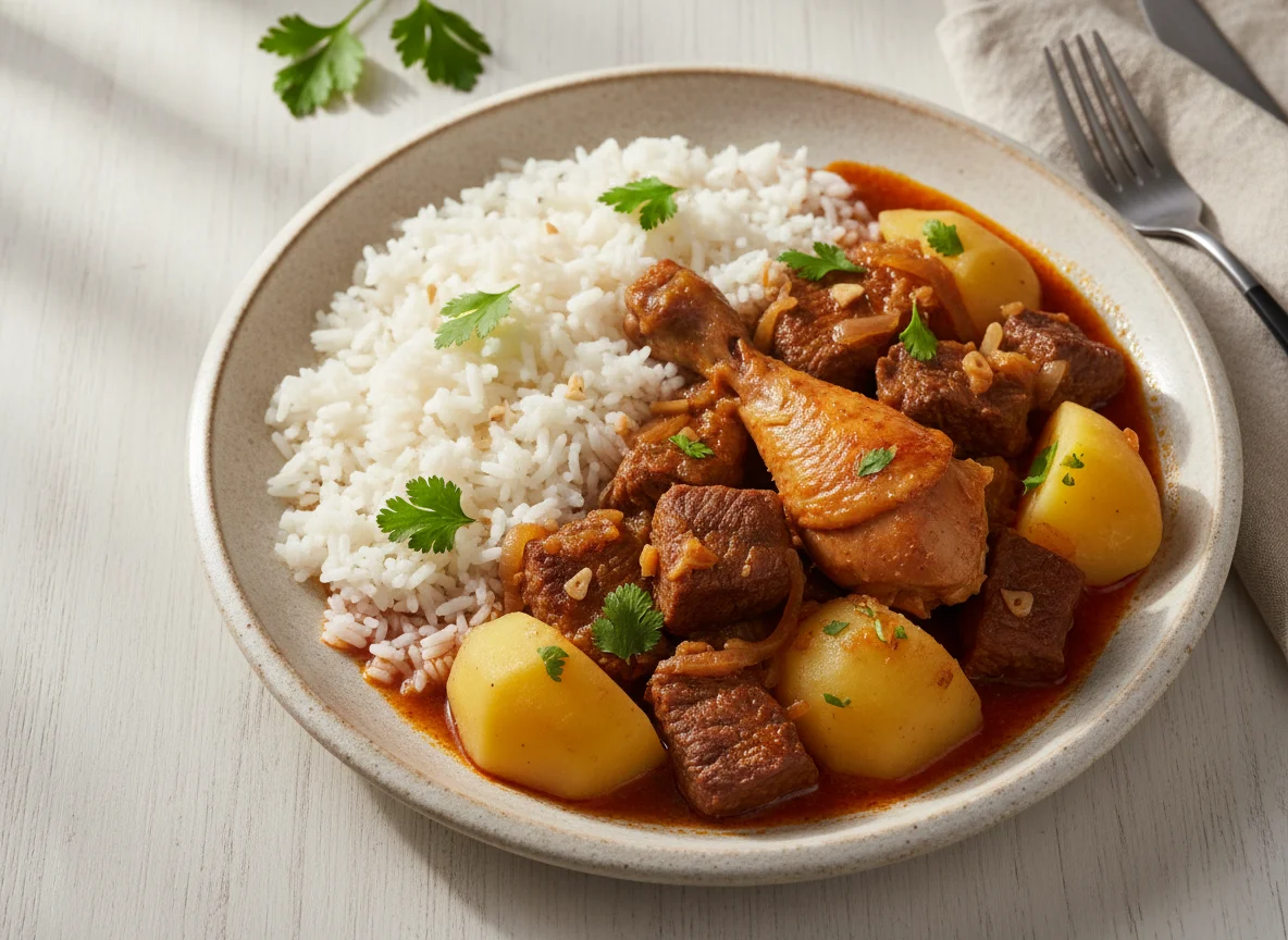 Ensopado de carne com arroz e batatas photo