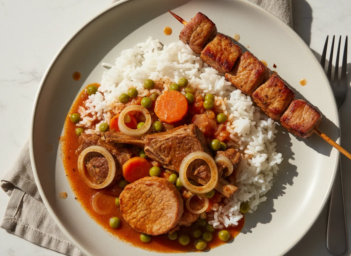 Ensopado de carne com arroz e espetada photo