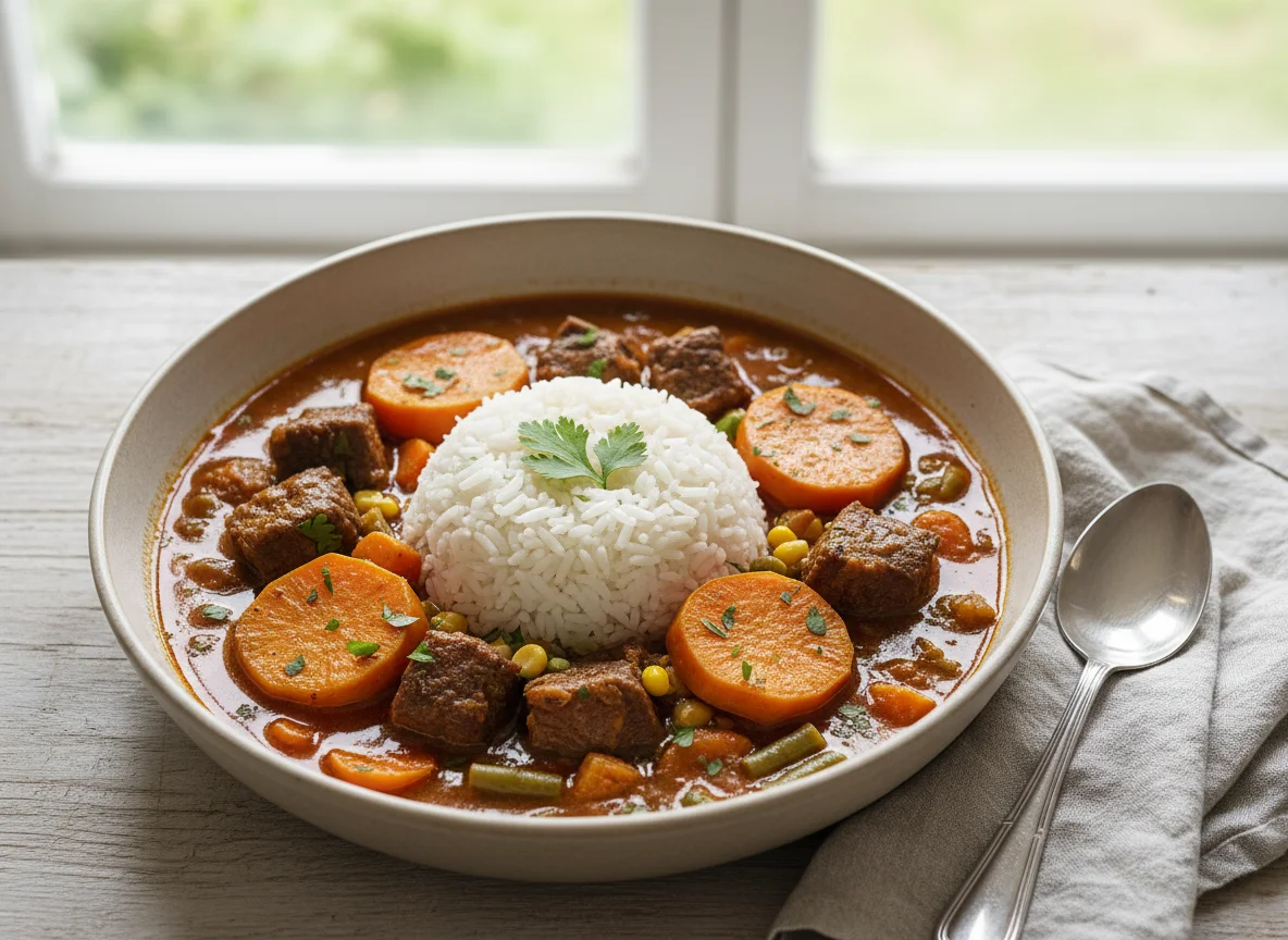 Ensopado de carne com arroz e legumes photo