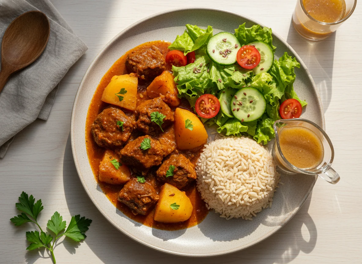 Ensopado de carne com arroz integral e salada photo