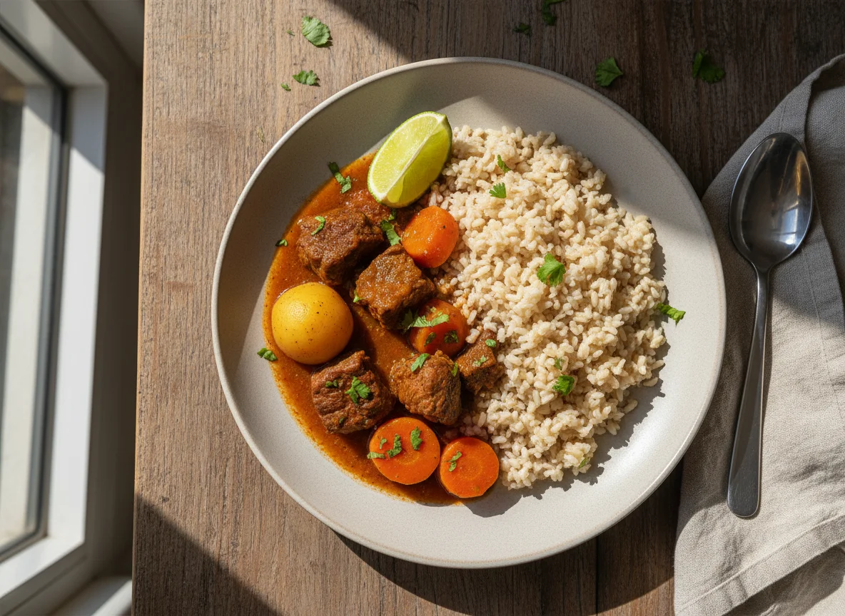 Ensopado de carne com arroz integral photo