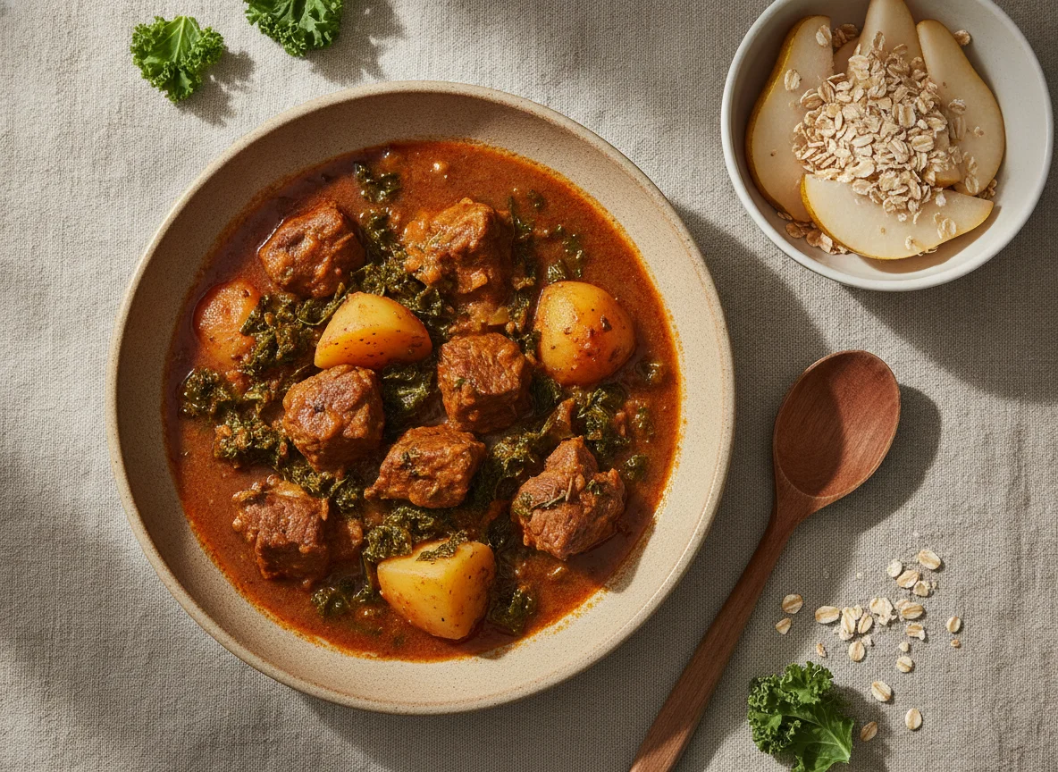 Ensopado de carne com batata e couve acompanhado de pera com aveia photo