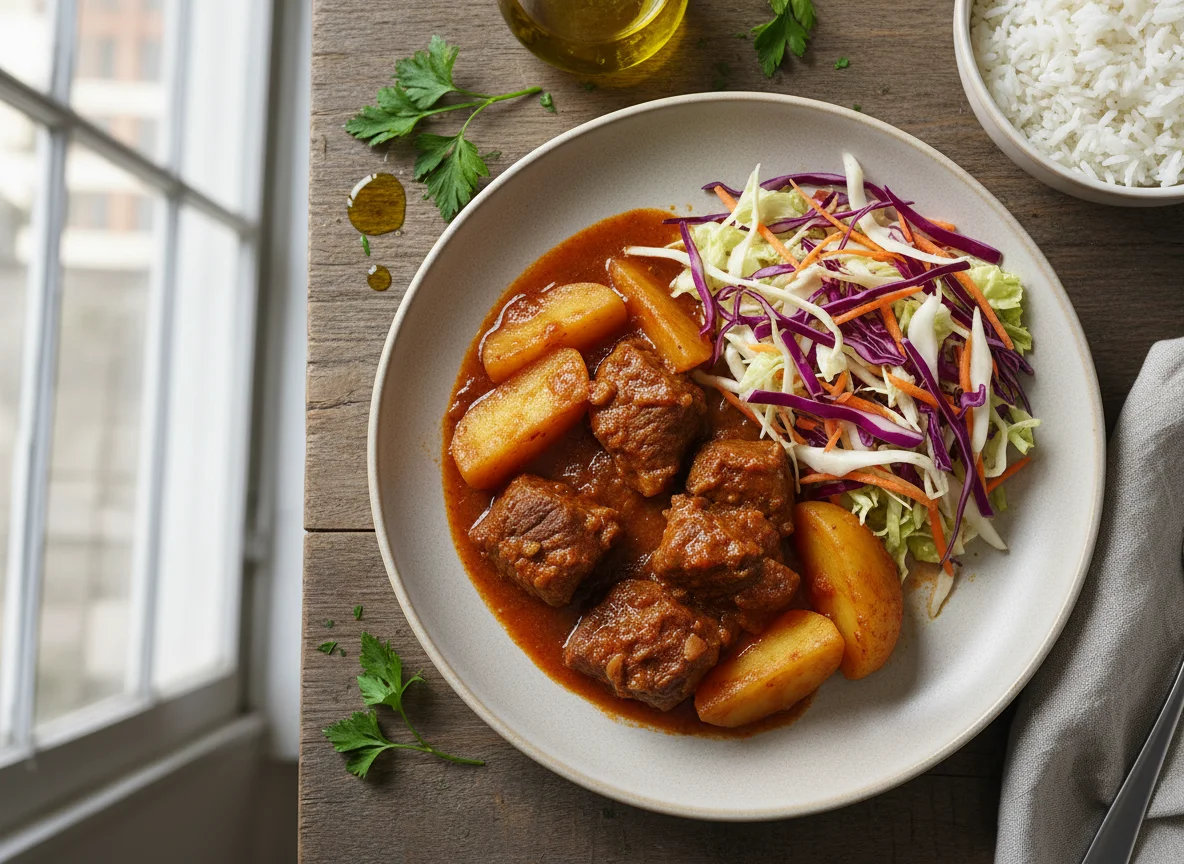 Ensopado de carne com batatas e salada de repolho photo