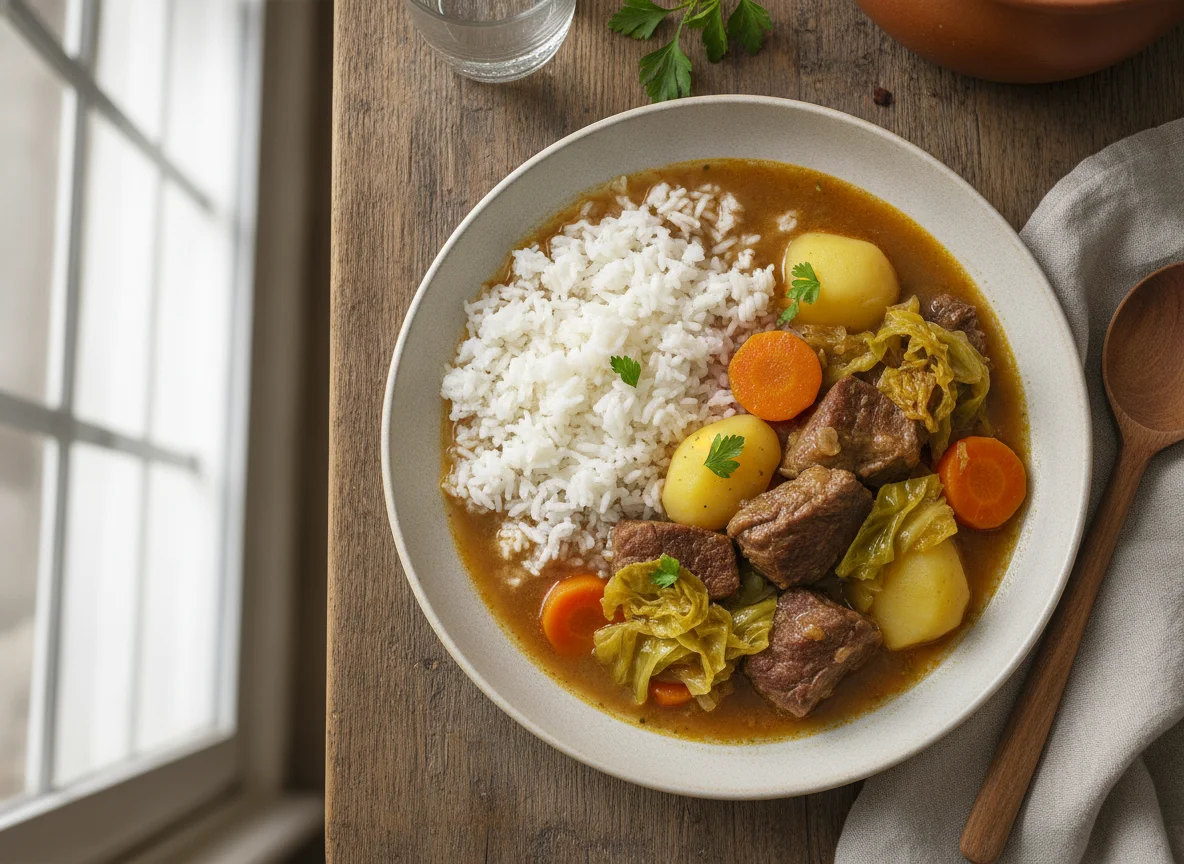 Ensopado de carne com legumes e arroz photo
