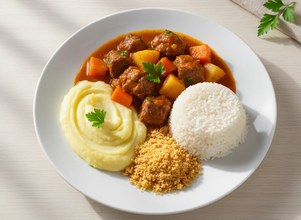 Ensopado de carne com purê, arroz e farofa photo