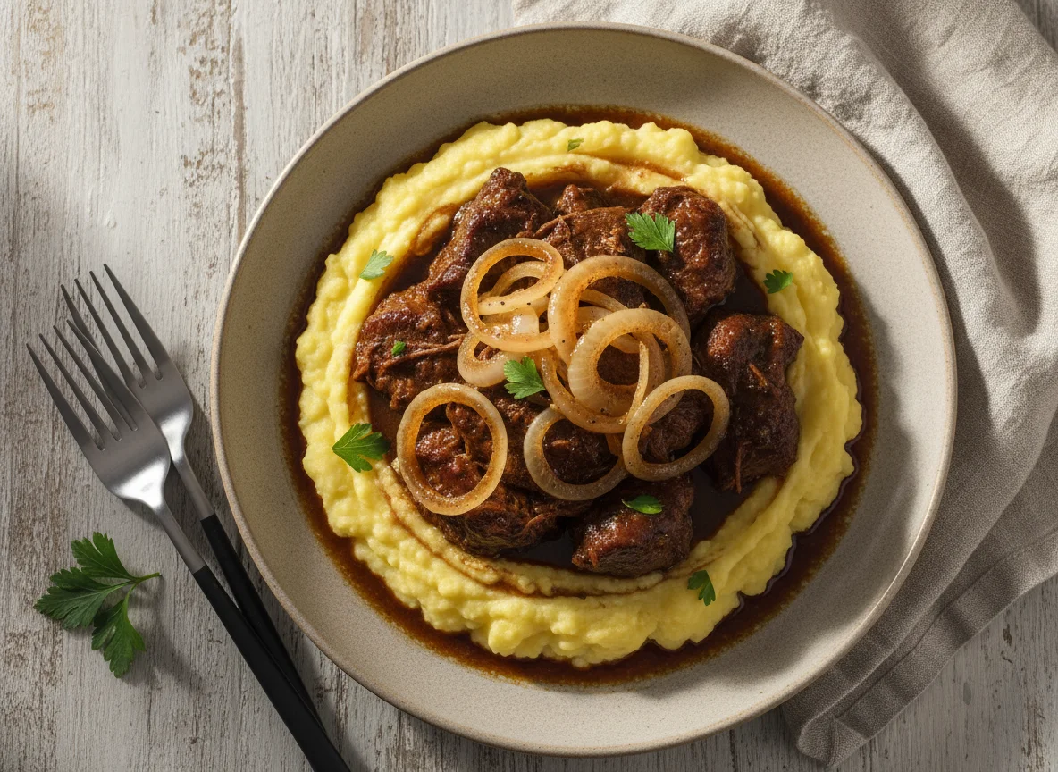 Ensopado de carne com purê e cebolas caramelizadas photo