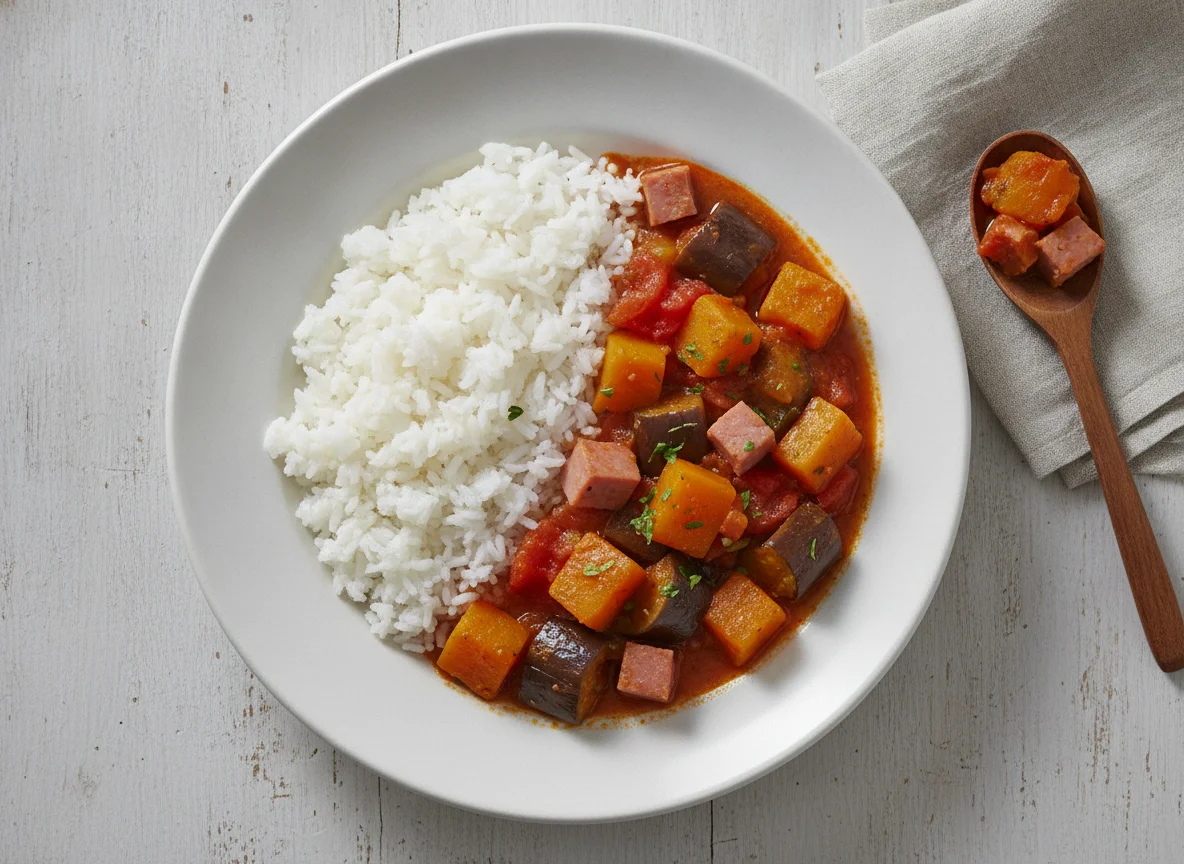 Ensopado de legumes com arroz e presunto photo