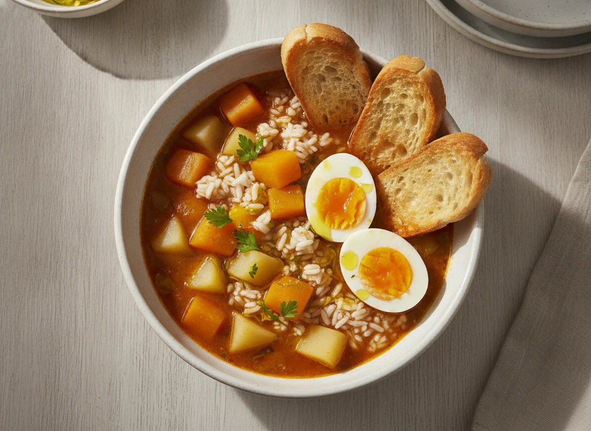 Ensopado de legumes com ovo e torradas photo