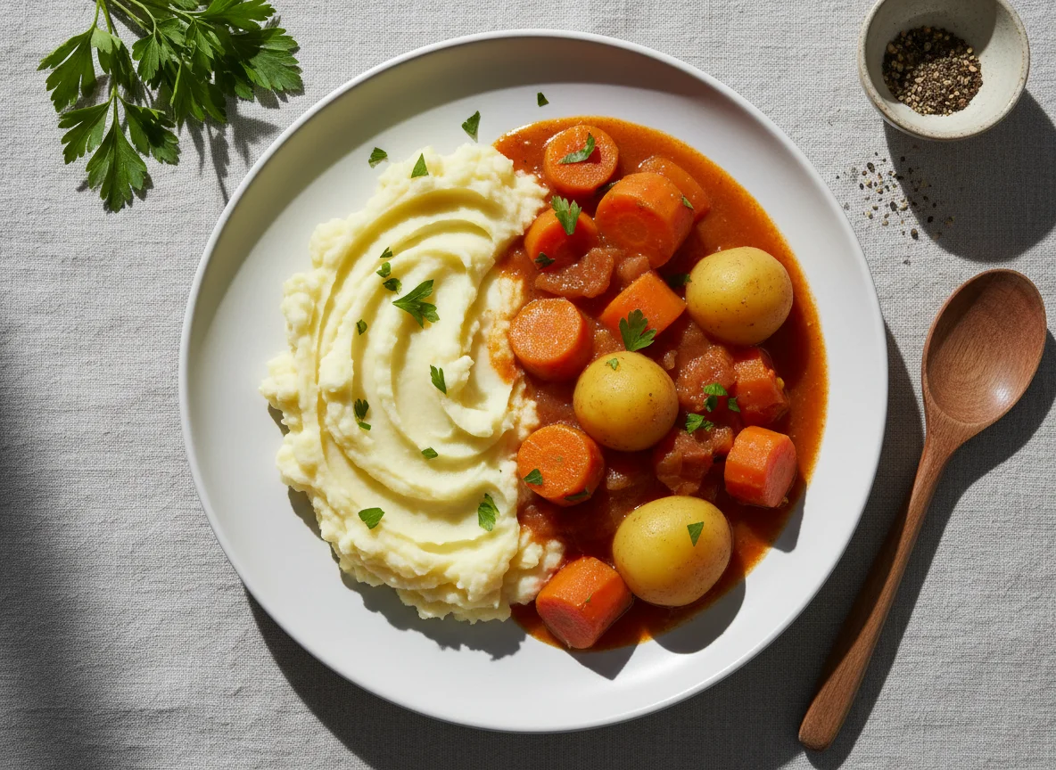 Ensopado de legumes com purê de batata photo