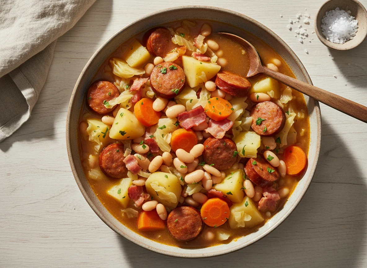 Ensopado de legumes e carnes photo